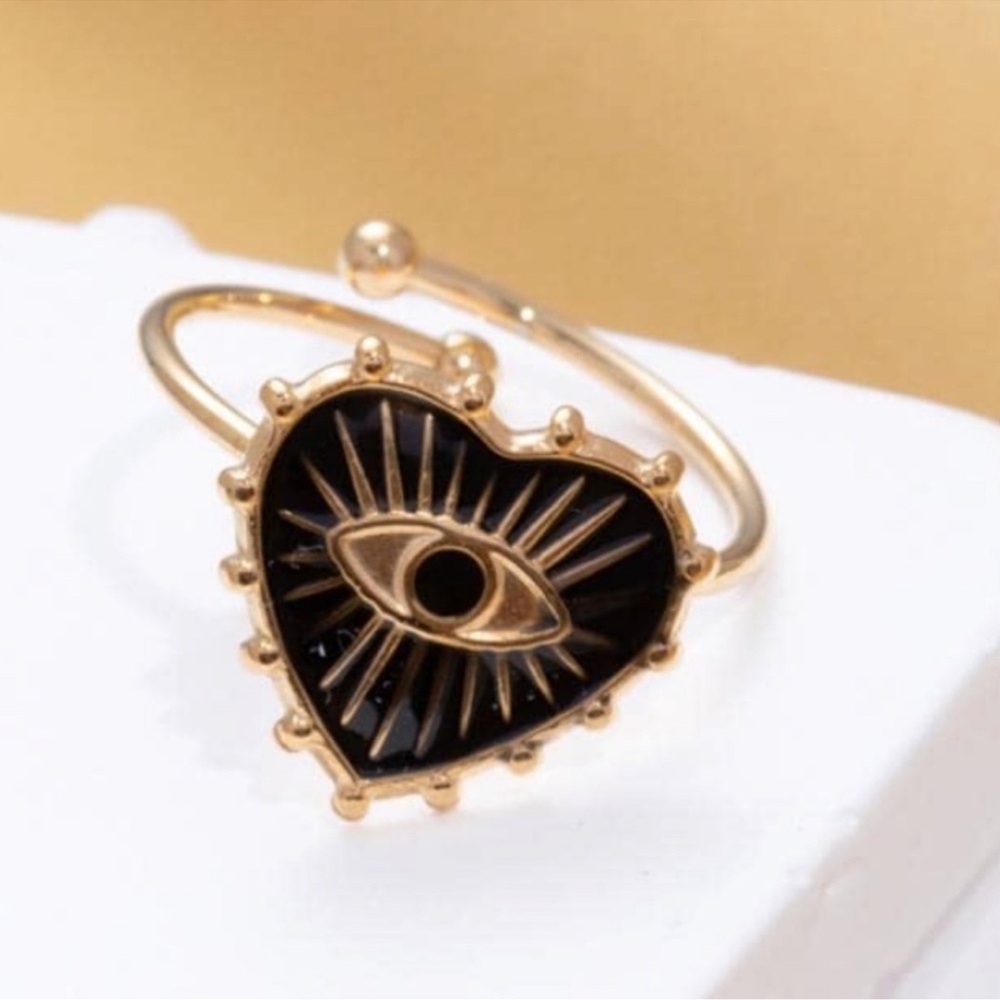 Luxe Gold Tone Stainless Steel Adjustable Evil Eye Heart Ring